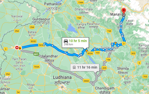 Amritsar to Manali Distance by Road