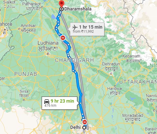 Delhi to Dharamshala Distance