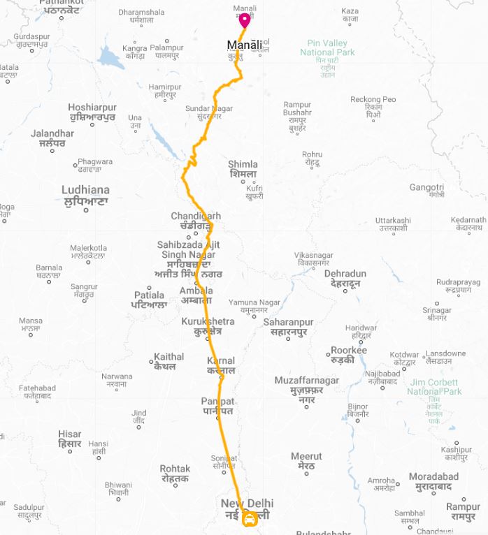 Delhi to Manali distance by Road