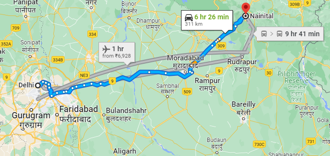 Delhi to Nainital distance