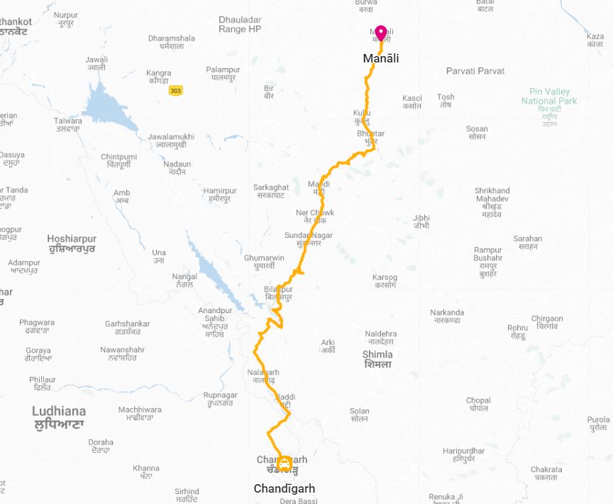 Distance between Chandigarh to Manali by Road