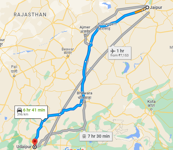 Jaipur to Udaipur Distance by Road , Flight, Train, Bus 