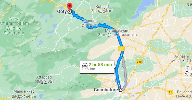 Coimbatore to Ooty distance