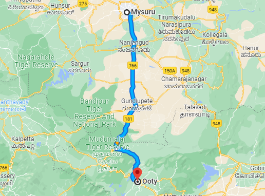 Mysore to Ooty Distance